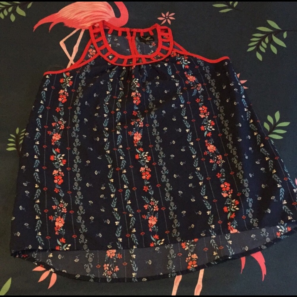 Floral tank top with red detailed neckline